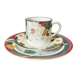 Vintage 1998 Tienshan Fine China Magnolia 3-Piece Set: Cup Saucer & Salad Plate